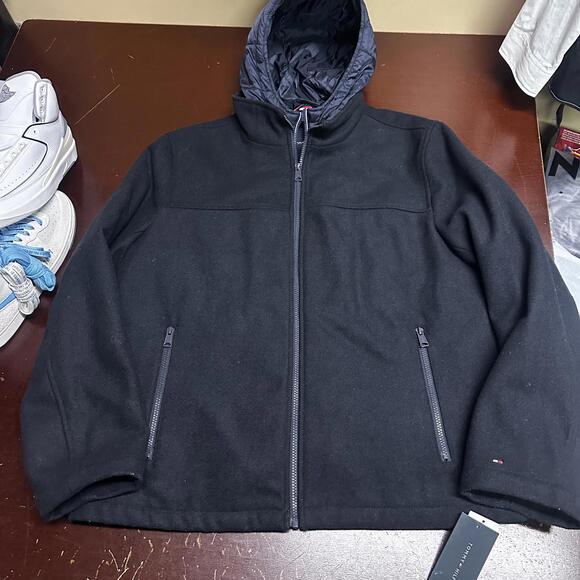 Vintage Tommy Hilfiger Insulated Black wool Shell Full-Zip Heavy Jacket Men L